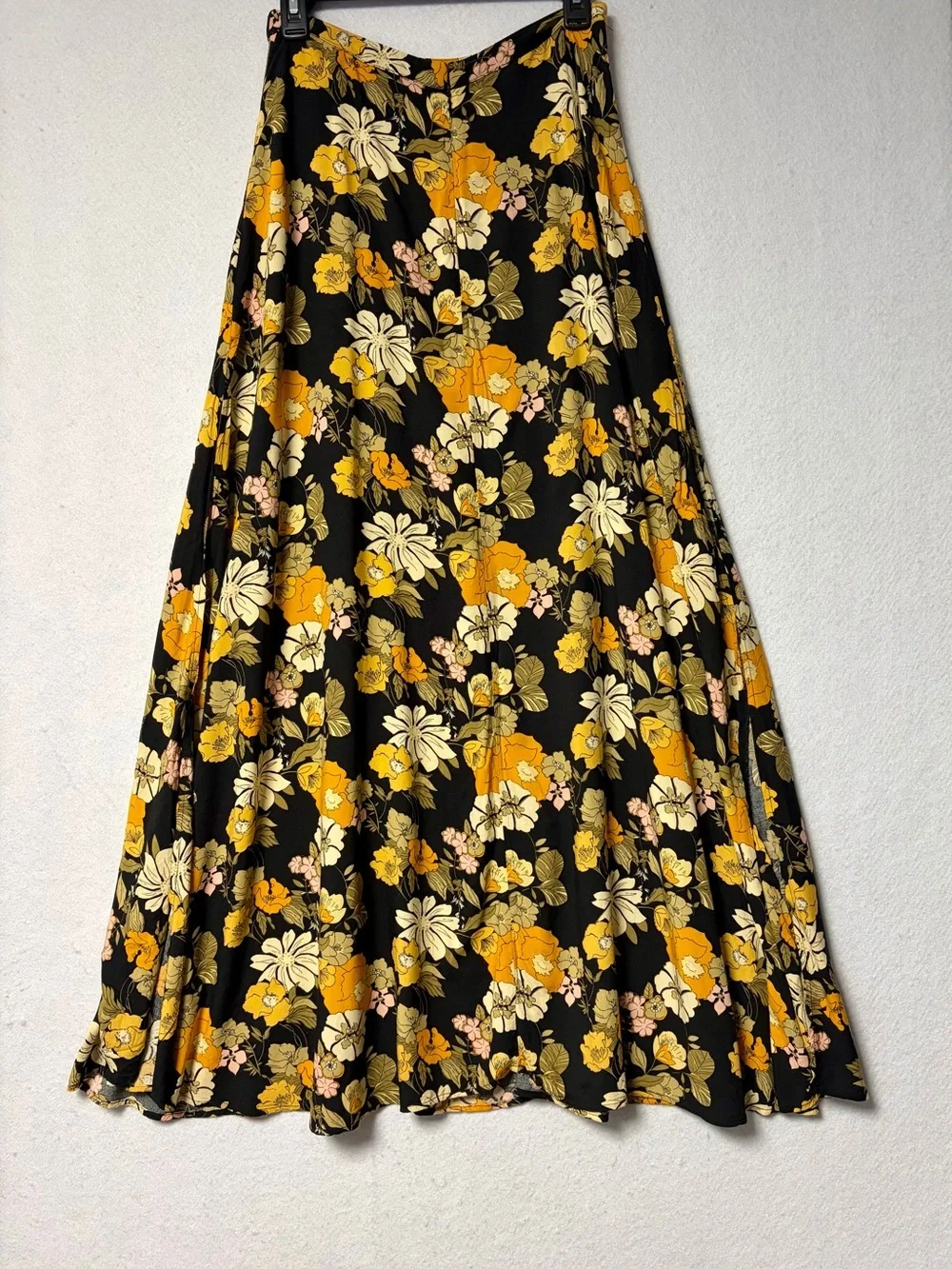Natural Life Ginger SideSlit Maxi Skirt Black Marigold Floral Boho Cottagecore S